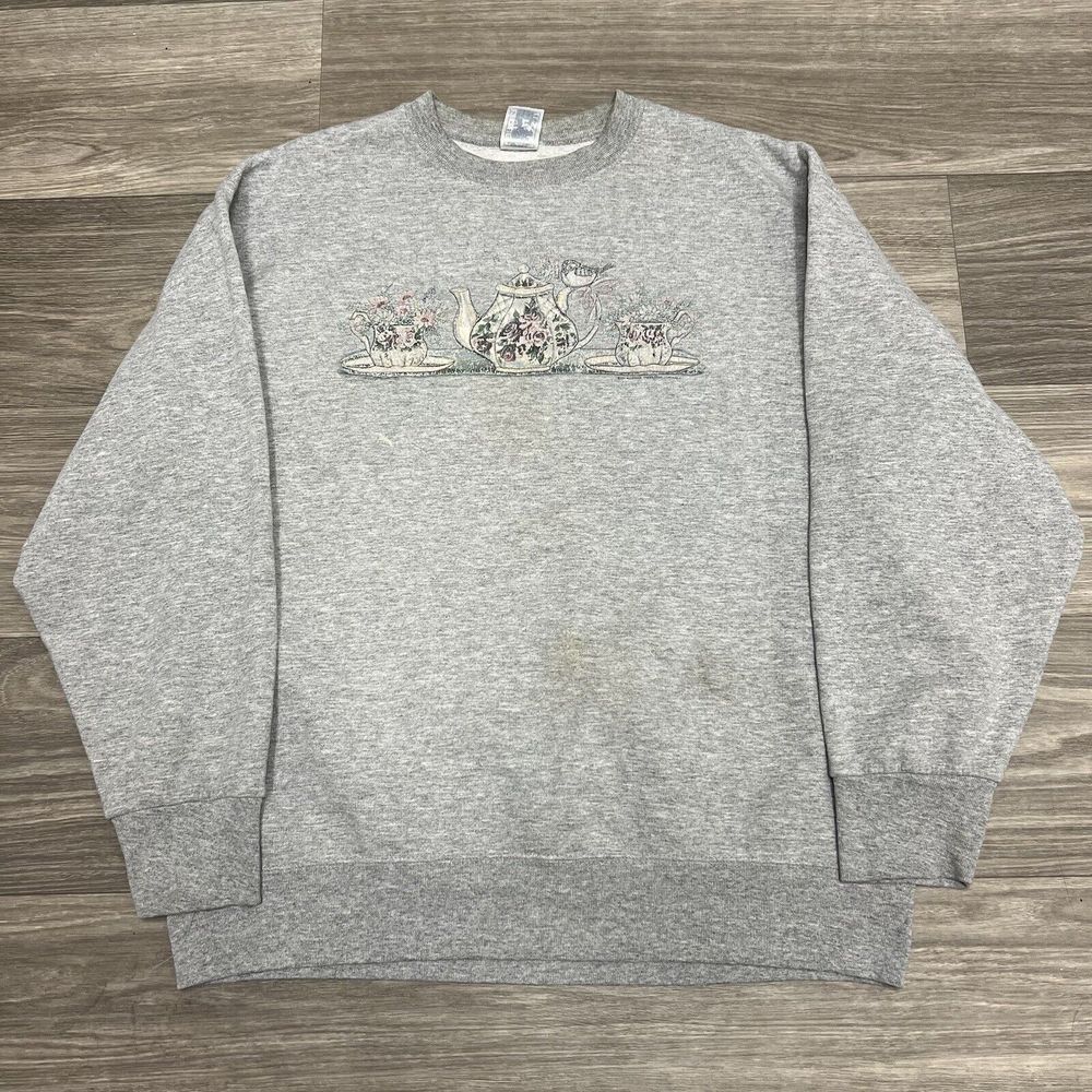 Vintage‎ 90s Tea Pot Crewneck Sweatshirt Womens Large Gray Grandma Cottage Faded
